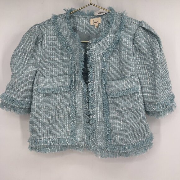 Lena Light Blue Tweed Short Sleeve Jacket & Skirt Matching Set Size L NWT - Picture 3 of 15